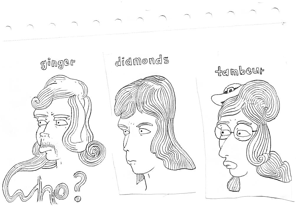 a black and white line drawing of three highly stylized white indie-rock men. they are labelled ginger, diamonds and tambeur.